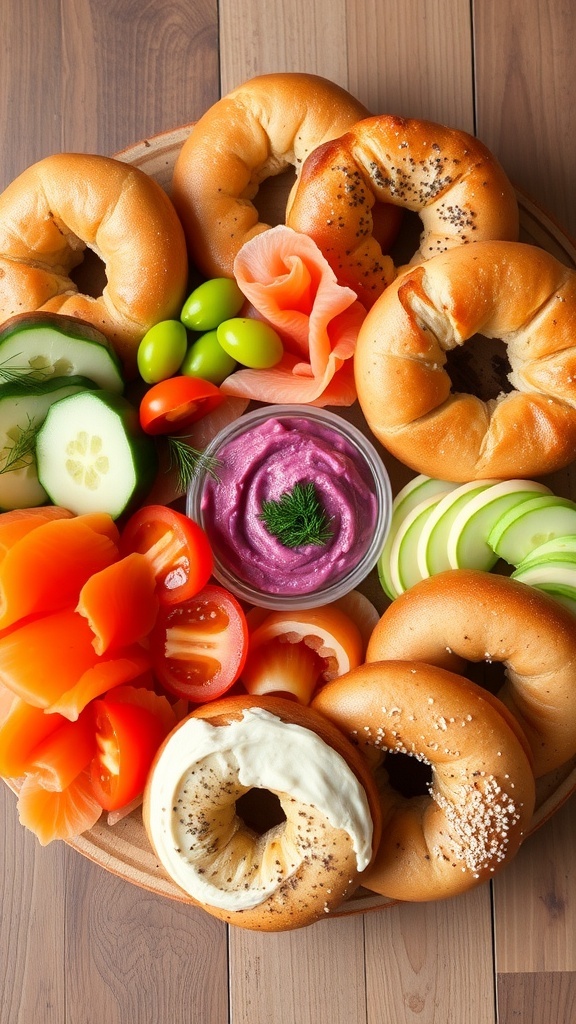 A vibrant bagel board with assorted bagels, cream cheese, smoked salmon, and fresh vegetables on a wooden platter.